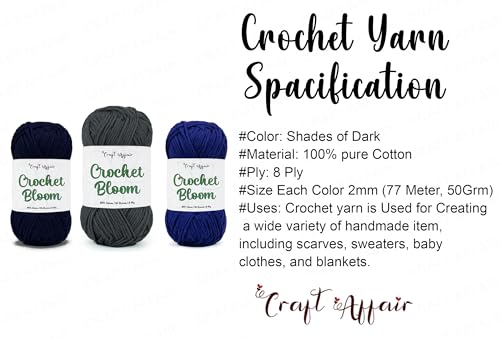 Image of Craft Affair | 8plyCotton Crochet Yarn (Each Color 2mm, 77Meter, 50Gram) for Knitting Yarn | 100% Pure acotton for Embroidery, Craft & DIY Project: Navy, Charcoal, Royal Blue