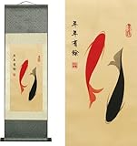 AtfArt Peinture Murale Asiatique En Soie Poisson Ancien Double Poisson Art Chinois Décoration Murale À Suspendre Décoration Orientale (92 X 30,5 Cm)