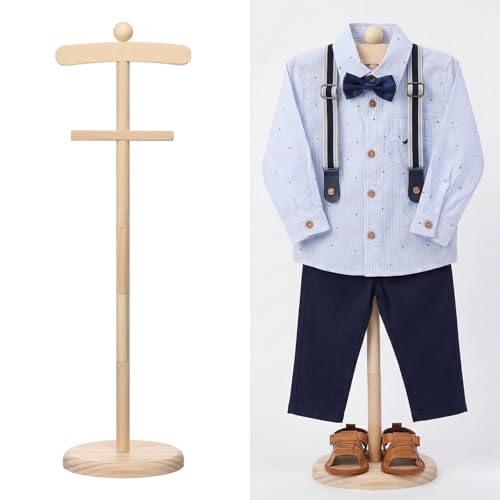 Bucherry 1 Pack Baby Clothes Display Stand Wooden Baby Shower Centerpiece Adjustable Height Circle Shaped Dress Hanger Doll Dress Outfit Stand Rack Hand Assembled Hangers Display Set (Wood Color)