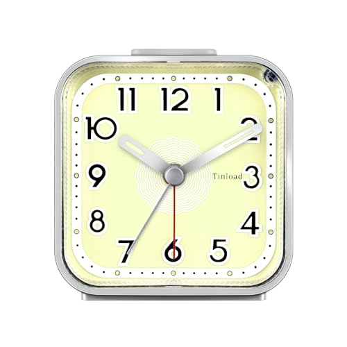 Tinload Small Analog Alarm Clock Silent Non Ticking, Ascending Beep Sounds, Snooze,Glow in Dark dial, Manual Light, Battery Operated(Silver)