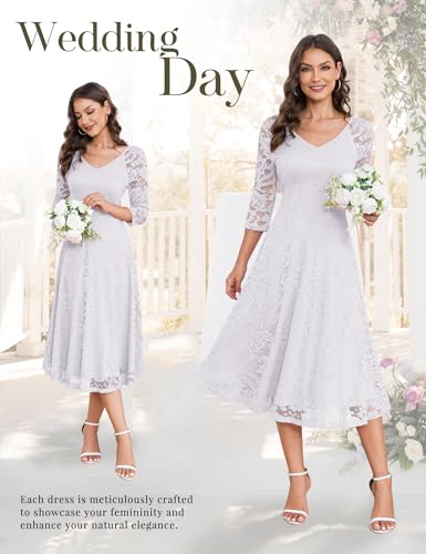 Image of Dressystar Womens Long-Sleeve Wedding Guest Dress A-Line Lace Formal Party Cocktail Midi Dress Prom Gown