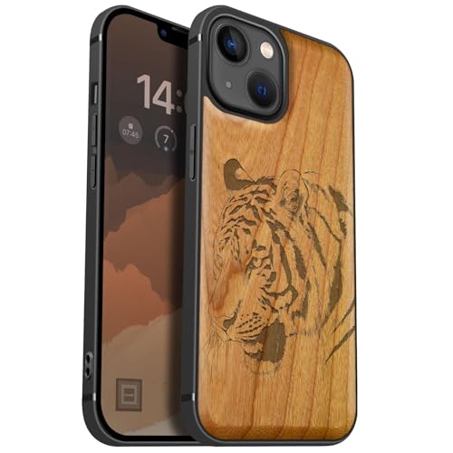 Coque bois antichoc compatible MagSafe iPhone 13 motif tigre au quotidien
