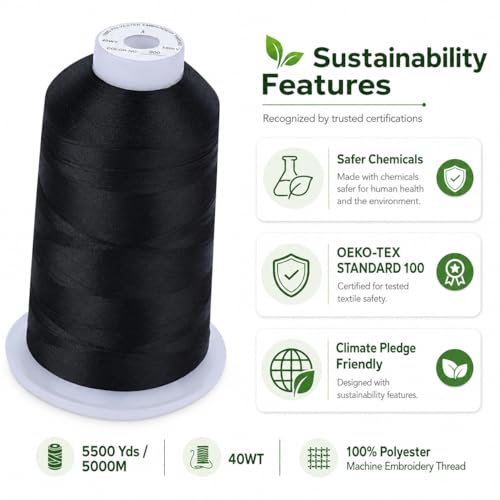 Image of Simthread Embroidery Machine Thread 5000M 40WT Polyester, Black 900 | 5000M 40WT polyester thread feeds smoothly for home or commercial embroidery projects.