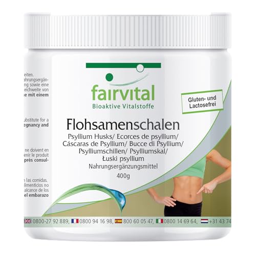 Fairvital | Cáscaras de semillas de psyllium en polvo - 400 g - Bajo en carbohidratos - Rico en fibra - Altamente biodisponible - Cáscaras de psyllium - Calidad probada y dosis altas - 100% vegano -