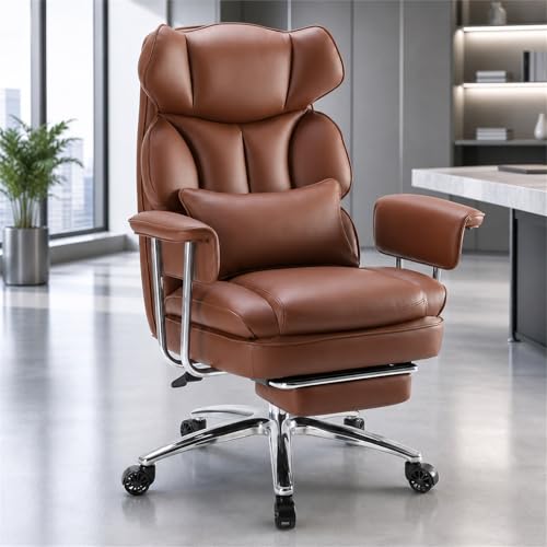 Image of Executive Ergonomic Office Chair, PU Leather High Back Reclining Office Chair with Footrest and Lumbar Support, Height Adjustable Rolling Swivel Computer Chair for Home Office,Brown