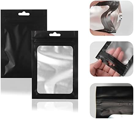 200Pcs Black Foil Ziplock Bags 10x15cm Baggies, Resealable Mylar Ziplock Foil Bag, Holographic Bags Foil Pouch Bag with Clear Window for Food Storage Candy Snack Jewelry Lash Lip Gloss