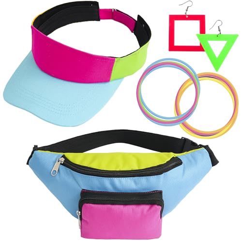 YAROMO Hip Hop Accessories for Women, 80s 90s Outfit Accessories for Women Men Neon Fanny Pack Hat Adjustable Waist Bag, Bracelet, Earrings for Retro 80s 90s Party