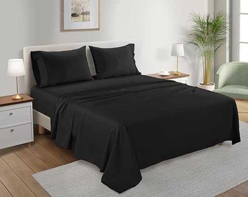 300TC 100% Organic Cotton Twin Size Sheets Set, Twin Bed Sheets Luxury Hotel Collection Fully Elasticated Sheet & Pillowcase Sets, Machine Washable No Pill Fade Resistant Black Sheet