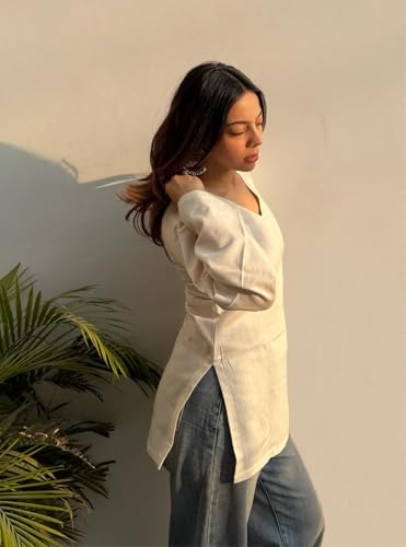 Image of ANNI Designer Short Kurti for Women Solid Design | V Neck Full Sleeve Kurti Tops for Women | Stylish Kurtis & Short Kurtis for Woman | Casual Kurti with Jeans | Kurtas for Woman