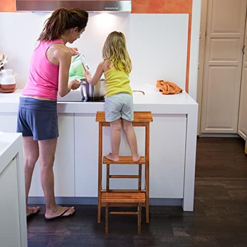 GYMAX Folding Step Stool, 3 Tier Multifunctional Wooden Stepladder Foot Stools with Carrying Handle, 3-in-1 Portable Ladder Flower Shelf for Home, Kitchen & Library (Coffee)