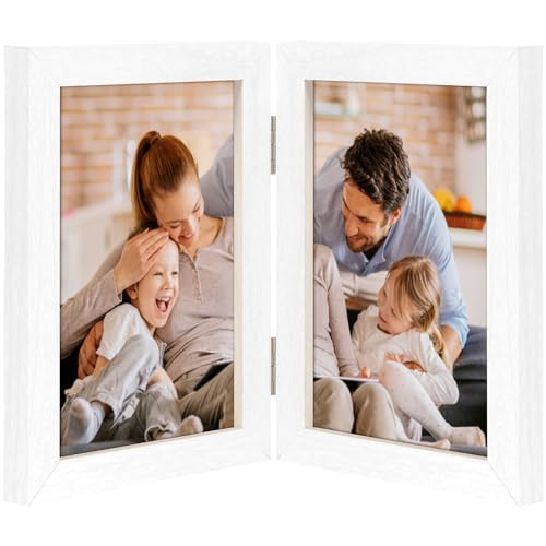 Gatphy Double Sided Photo Frame 4x6 Hinged Folding Wood Picture Frame with Definition Glass Stand Hinged Photo Frame Vertical on Desktop Folding Family Frames Collage Hold 2 Photos (Double White)