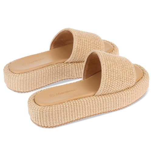 Image of Monrovia Platform Sandals Women Raffia Espadrille Slides, Woven Straw Flatform Beach Sandals Women, Slip On Summer Vacation Shoes, Comfortable Casual Daily Wear