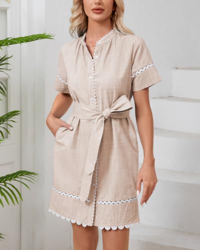 Image of Women's Summer Shirt Dress Short Sleeve Button Down Mini Tie Waist Belted Tunic with Pockets RIC Rac Trim
