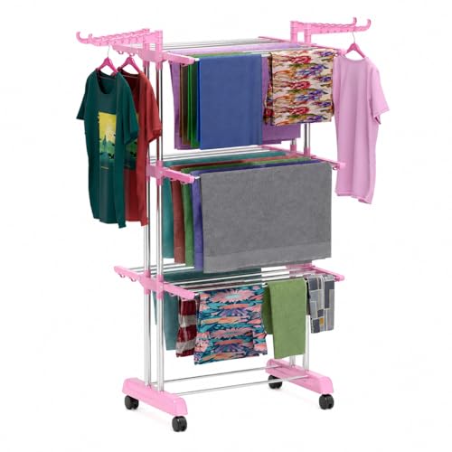 Image of TEKCOOL Foldable Cloth Drying Stand Stainless Steel - 3 Tier Heavy-Duty Clothes Dryer for Balcony, Indoor & Outdoor Use | with Wheels & Hanger Slots | Rust-Proof Laundry Rack (Pink, 3 TIRE);'