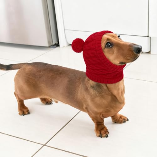 CITÉTOILE Weihnachtsmütze für Hunde – Klassische Strickmütze mit Zopfmuster und Bommel, Warme Santa Hundemütze für Kleine Hunde und Katzen, Rot, M
