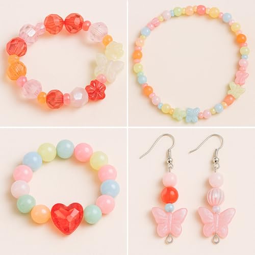 Image of ambitieux DIY Bracelet Making Kit for Girls - 500+ Glossy Beads in Mix Shapes with Candy, Pastel, Alphabet, and Butterfly Beads + Elastic Thread - Jewellery Craft Kit for Kids Age 6-12