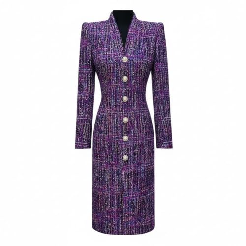 Robe trench-coat en tweed violet de coupe slim chic avec boutons perles
