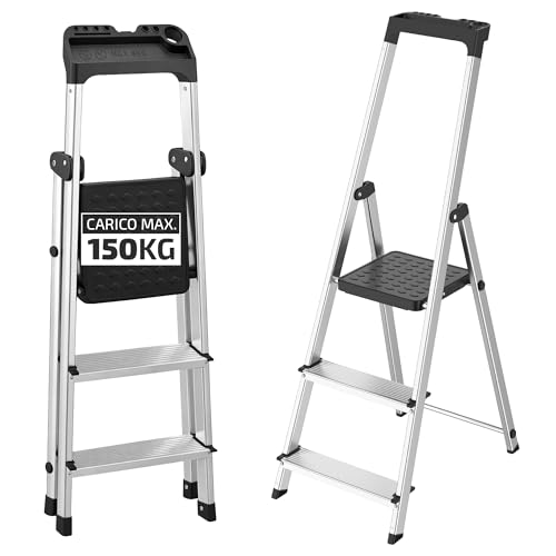 Scala Pieghevole in Alluminio a 3 Gradini con Portaoggetti Integrato