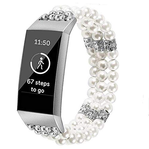 Preisvergleich Produktbild TING529 Armband Kompatibel für Fitbit Charge 3,Legierung Kunstperlen Uhrenarmband Verstellbarer elegant Uhrenbander Uhrenarmbänder Uhren Zubehör Ersatz watchband Damen Herren (Silber)
