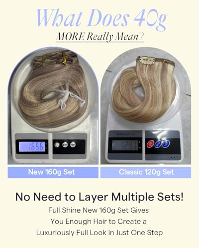 Image of Full Shine Thick Clip in Hair Extensions Real Human Hair, 18 Inch 160g 7Pcs | Clip in Extensions for Women, Ash Blonde Highlighted Blonde Long Straight Hair for Volume, Fine to Medium Hair