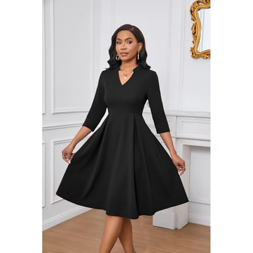 Image of Max2co Midi Dresses for Women Semi Formal Fit and Flare A-Line Swing Dress 3 /4 Sleeve Church Cocktail Dress with Pockets