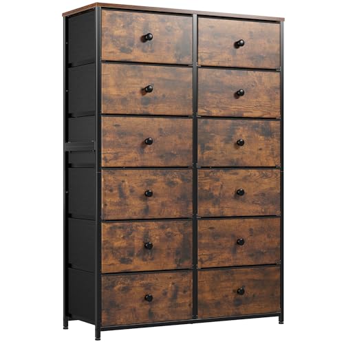 Rustic Brown 12-Drawer Fabric Dresser for Bedroom or Living Room
