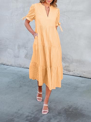 Image of Theenkoln Womens Casual Midi Dress: Short Sleeve V-Neck Empire Waist Gingham Spring Fashion Long Trendy Tiered Formal Dresses