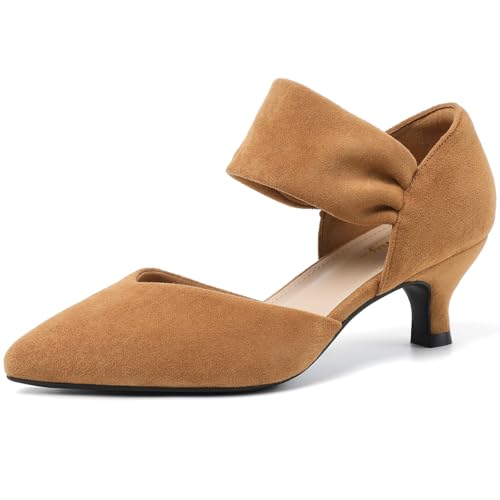 RIBONGZ Kitten Heels for Women Closed Toe Comfortable Low Heels Pointed Toe Sexy Slip on Pumps Bridal Party Dressy Shoes