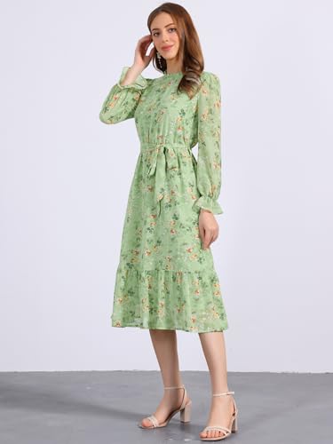 Image of Allegra K Fall Casual Floral Dress for Women 2025 Long Sleeve Crew Neck Chiffon Midi Tea Party Ruffle Dresses