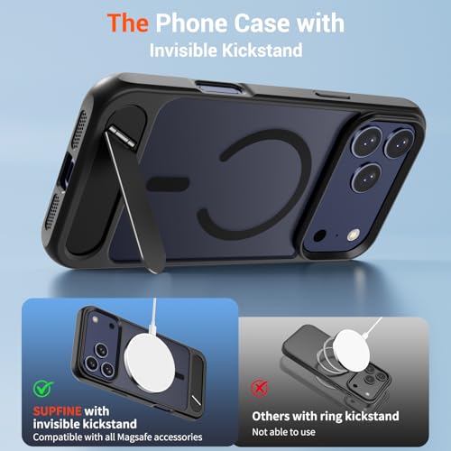 Image of SUPFINE Magnetic for iPhone 17 Pro Case Translucent Matte Phone Cover | (Built-in Invisible Kickstand)(Compatible with MagSafe)(Military Grade Drop Protection) Black