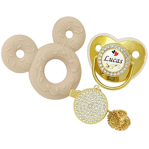 Personalized Pacifier And Pacifier Clip Set With Name,Custom Pacifier,Custom Name & Chain?Silicone Teethers Toys, Luxurious Ideal Gift For Newborns (Golden)
