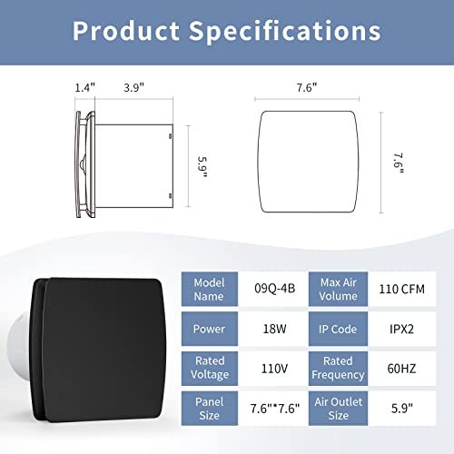 Zeyzer Black Bathroom Fan 110 Cfm 1.0 Sone 5.9" Duct Square Ceiling Or Wall Mount Ventilation Exhaust Fan For Bathroom/Corridor/Office/Laundry Room/Shop #TOP2