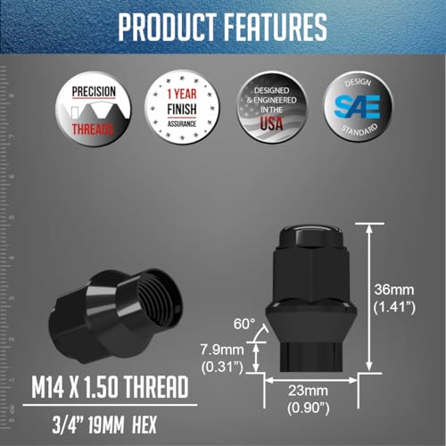 Image of Wheel Accessories Parts 24 Pcs M14x1.50 Thread ET Bulge Acorn 1.42 inch Long Lug Nuts Black 3 /4 inch 19mm Hex Fits Silverado 1500 GMC 1500 F-150 RAM 1500 Toyota Tacoma (for use with Wheels Spacers)