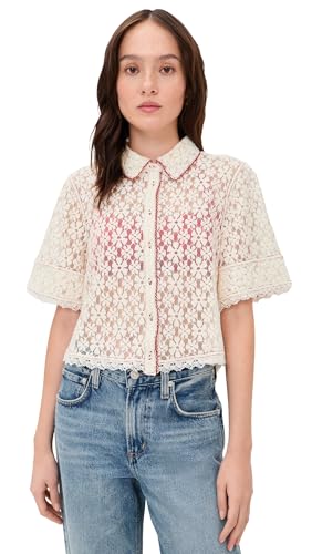 Free People Women's Mannie Lace Button Down, Whisper White, M