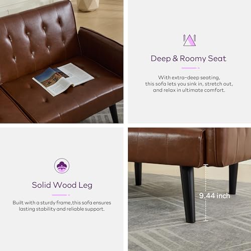 Image of TYBOATLE 65 inch Convertible Futon Sofa Bed w / 2 USB,Tufted Small Adjustable Folding Couch Loveseat, Modern Mid Century Faux Leather Sleeper Sofa for Living Room, Bedroom,Office, Brown