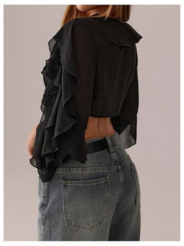 Floerns Women's Ruffle Trim Mesh Long Sleeve Blouses V Neck Tie Front Crop Tops3