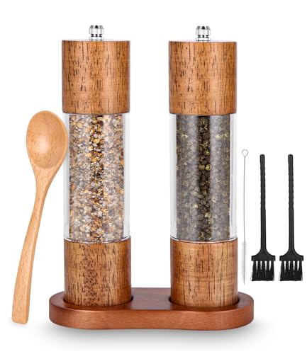 Salz und Pfeffermühle Holz 2er Set, Gewürzmühle mit Keramikmahlwerk, Salz und Pfefferstreuer mit untersetzer, pfeffermühle peugeot, Verstellbarem für Gewürze Pfeffer Salz 2er Set 21.5 cm (Sichtbar)