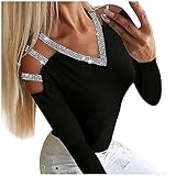Womens V Neck Hollow Out Long Sleeve Blouses Casual Sequin Stitching Cover Ups Shirts Loose Tshirt Tops Tunic Pullover (Black, M)