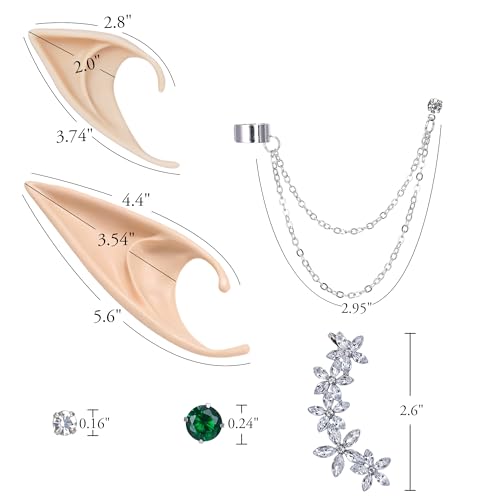 FRESHME Elf Ears with Piercings - Handmade Fairy Ears with Gold Butterfly Earrings Cuffs3