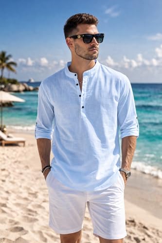 Image of Men's Cotton Blend Straight Kurta Shirt with Mandarin Collar - Slim Fit Casual Short Kurti Featuring Textured Slub Fabric and Roll-Up Full Sleeves