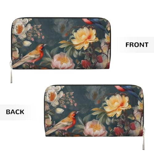 Pu Leather Wallet For Women Girl, Zip Around Credit Card Holder Flowers Birds Long Wallet Clutch Purse Waterproof Travel Handbag2