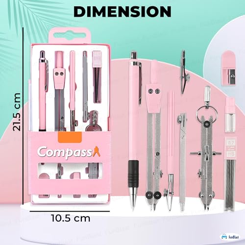 Image of FunBlast Metal Compass Set 9 Pcs - Geometry Box with Protractor, Set Squares, Ruler, Compasses, Ruler Sets, Instrument Box, Math Geometry Kit for Student & Professional (Pink)
