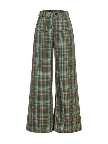 WDIRARA Women's Plaid Wide Leg Pants Casual High Waist Long Pants Trousers