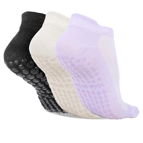 Shimmeroo 3 st söta greppstrumpor kvinna pilates, halkfria yoga grepp strumpor för kvinnor för pilates yoga träning grepp sjukhus balett (beige, ljuslila, svart)