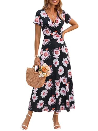Image of HUHOT Women's Short Sleeve Wrap V Neck Dresses for Wedding Guest Summer Floral Maxi Sundresses with Pockets Boho Dress