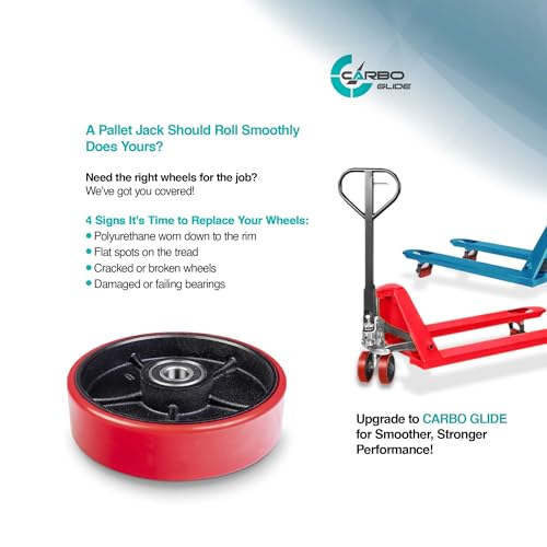 pallet jacktruck steering wheels set with axle fasteners and protective caps 4 pcs 734 x 234 with bearings id 20mm poly tread red tool kit included