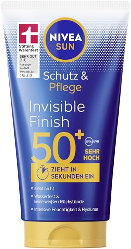 NIVEA SUN Schutz & Pflege Invisible Finish LSF 50+, wasserfester Sonnenschutz mit Hyaluron, schnell einziehende Sonnencreme für intensive Feuchtigkeit ohne weiße Rückstände (150 ml)