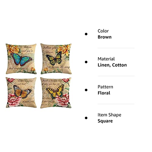 Sistwon 18 X 18 Butterfly Pattern Throw Pillow Covers Vintage Style Home Decorative Cushion Cover, Set Of 4 Farmhouse Spring Retro Butterfly Flowers Decorative Pillowcases,Brown(Pillows-016) #TOP7