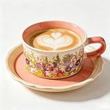 Kseyzhpa 8.45oz Ceramic Tea Cup with Saucer, Pink...
