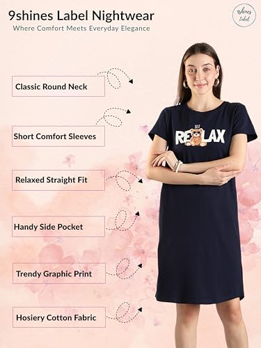 Image of 9shines Label Hosiery Cotton Knee Length Short Night Dress | Short Nighty for Women with Pocket | Graphic Print Nightwear | Night Gown for Women (M-7XL)